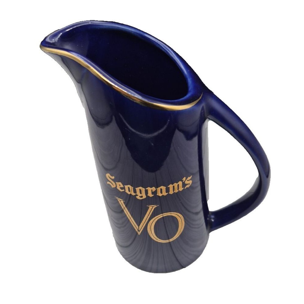 Vintage Seagram's VO Cobalt Blue Glass Water Pitcher Gold Trim Barware Jug